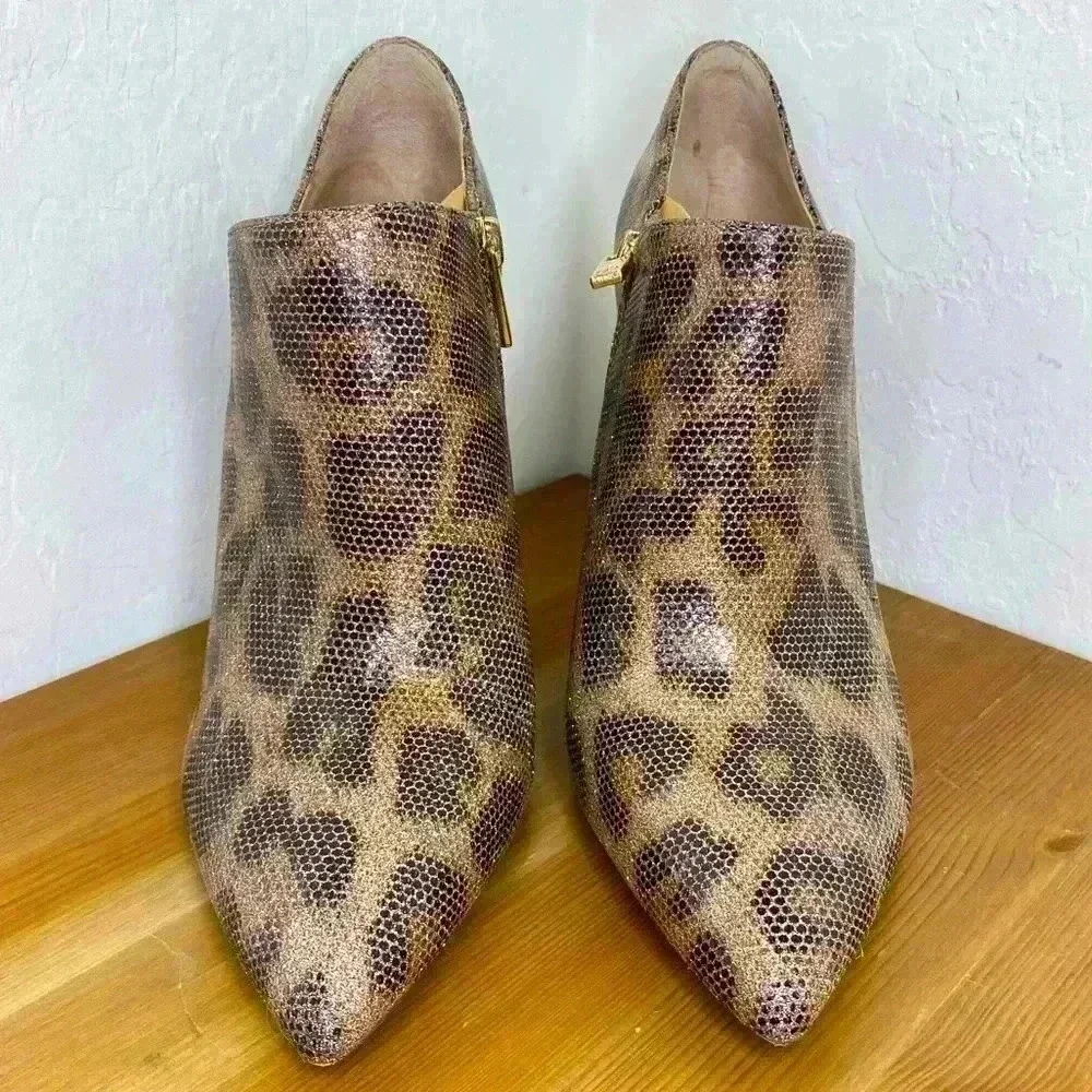 Jessica Simpson New Luela Bronze Leopard Shimmer Pointed Toe Stiletto Bootie 9M